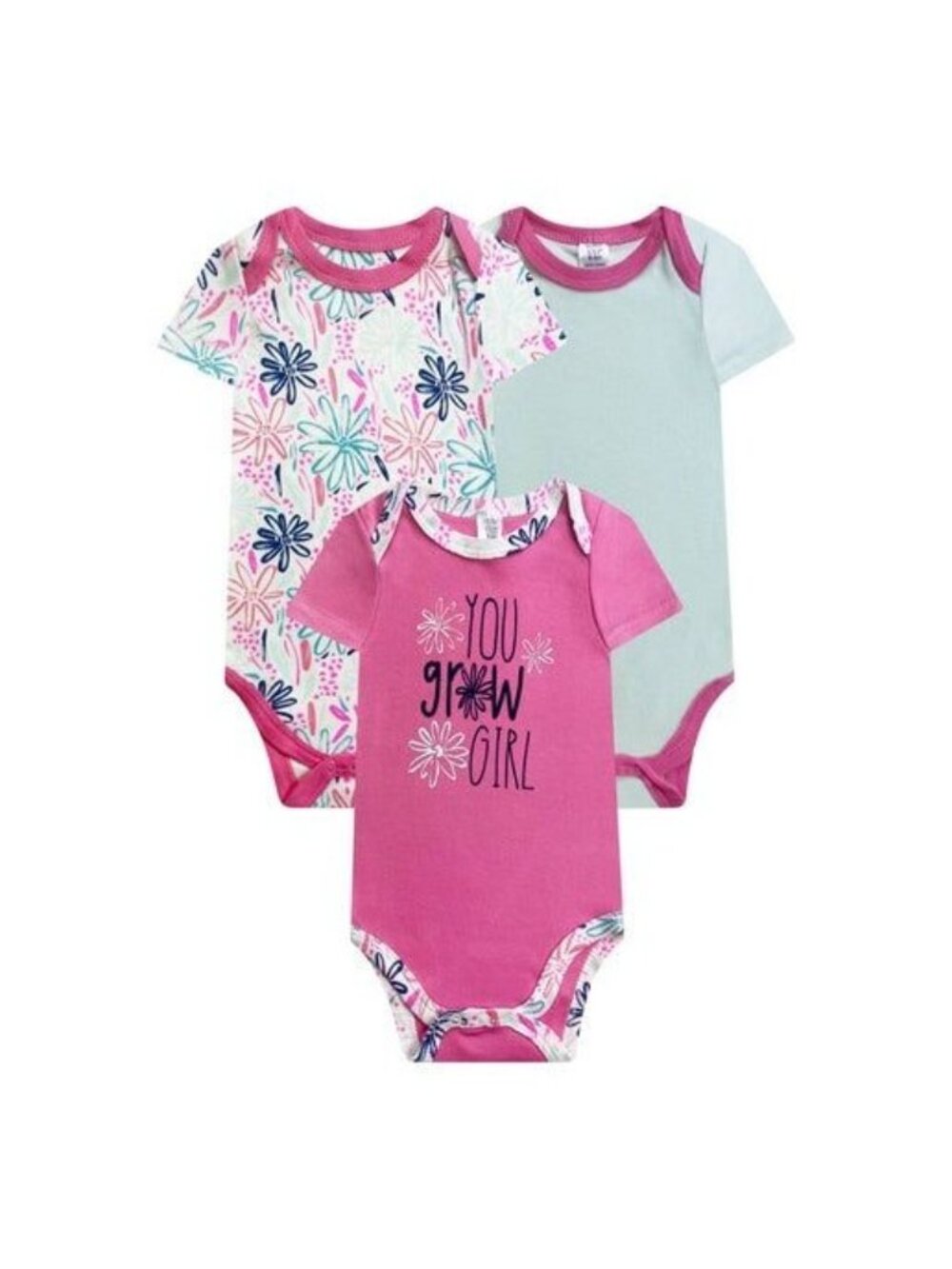 Baby Kiss 3Pk Short Sleeve Bodysuits You Grow Girl Floral Print 3-6 Months Cotto